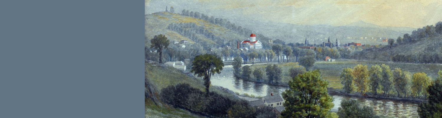 Painting by James Franklin displaying the red roof and dome of Vermont capitol during the 19th century.